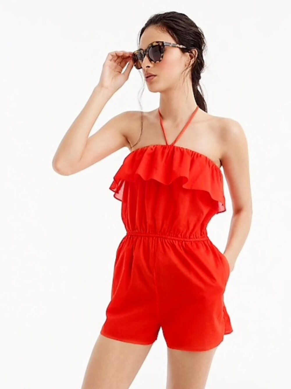 J.CREW Red Orange 100% Cotton Voile Ruffle Halter Romper, Size S